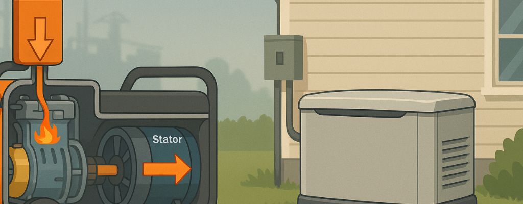 Illustration showing a portable generator beside a standby generator installed next to a suburban house