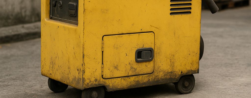 Worn yellow portable generator on concrete surface in an industrial setting, captured in daylight without text.