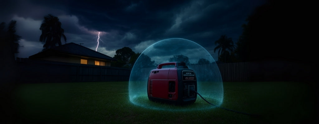 Portable inverter generator in Aussie backyard with lightning protection dome