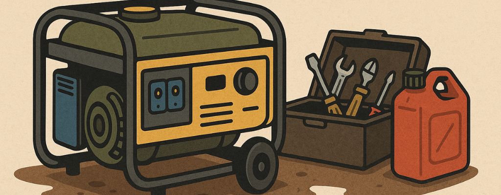 Generator with tools and fuel container on dry ground