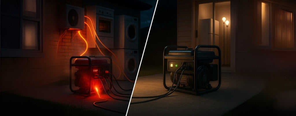 Split screen showing overloaded small generator versus efficient larger generator during blackout