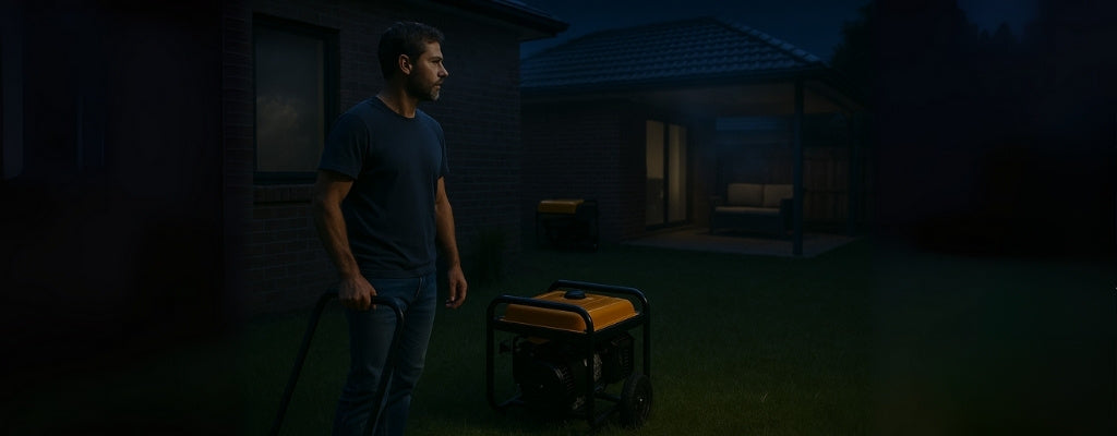 Australian man deciding safe generator placement in backyard at night