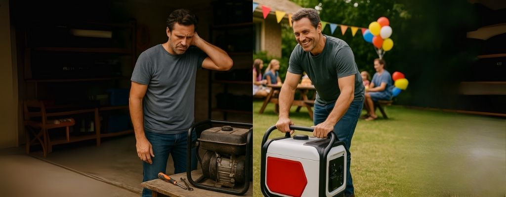 Split image of Aussie man comparing rented and owned generators in suburban and backyard settings
