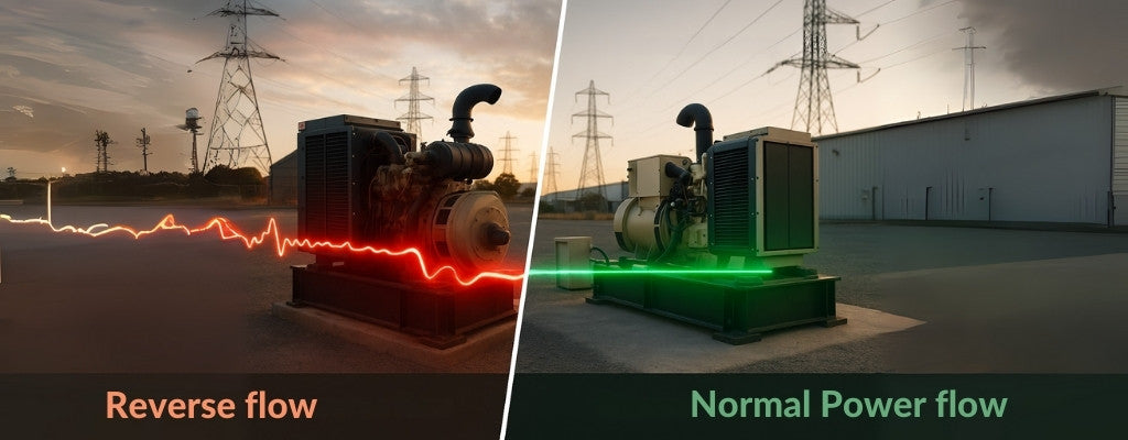 Split screen industrial generator reverse red flow and normal green flow