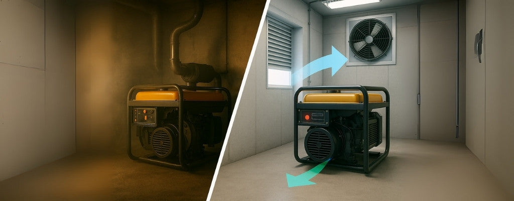 Split-screen image shows generator in cramped room vs ventilated room