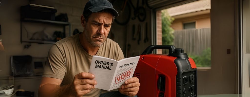 Rugged Australian man reading generator warranty with void stamp
