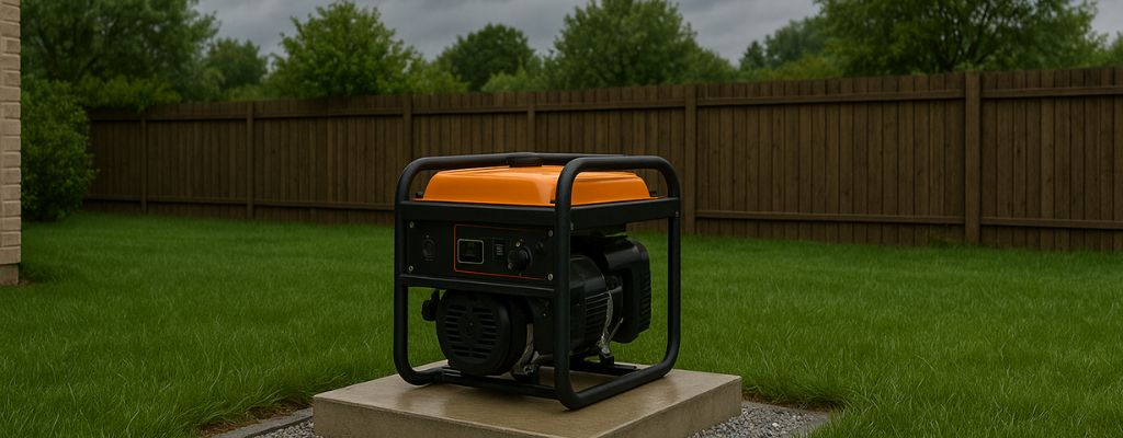Portable generator on a raised platform in a suburban backyard with drainage setup