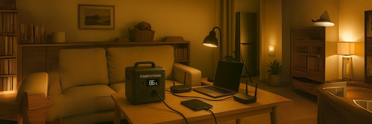 Portable power station powering home devices during blackout