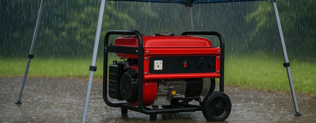 Digital illustration of a generator under a waterproof canopy during rain.