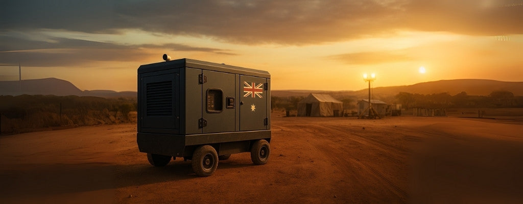 Industrial generator on Australian outback worksite with rugged flag design