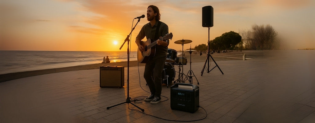 Live outdoor music performance powered by portable power station at sunset