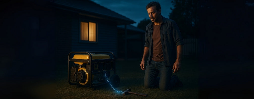 Man checks ungrounded generator with blue arc danger backyard