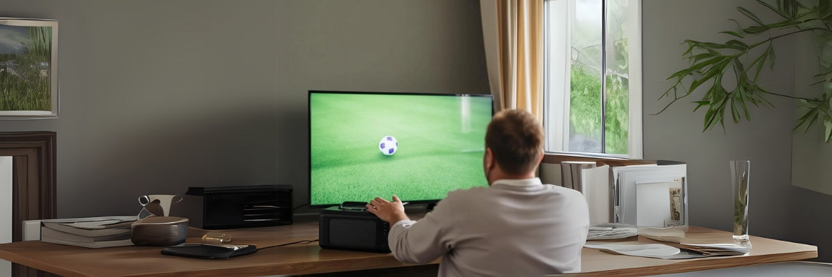 Man uses portable power station while watching football on television indoors