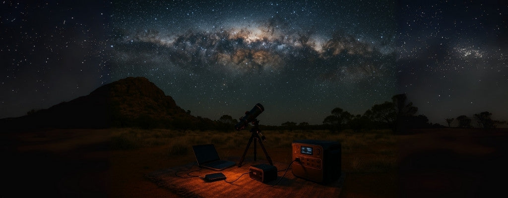 Portable power station powering telescope and laptop during stargazing in outback