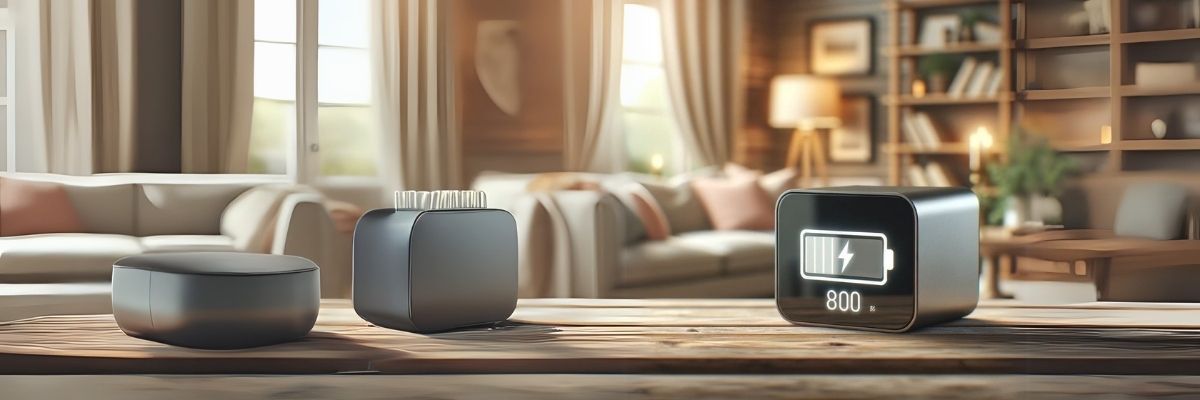 A sleek portable power station on a wooden table in a cozy living room, displaying an 800W charge level, symbolizing reliable home backup power solutions
