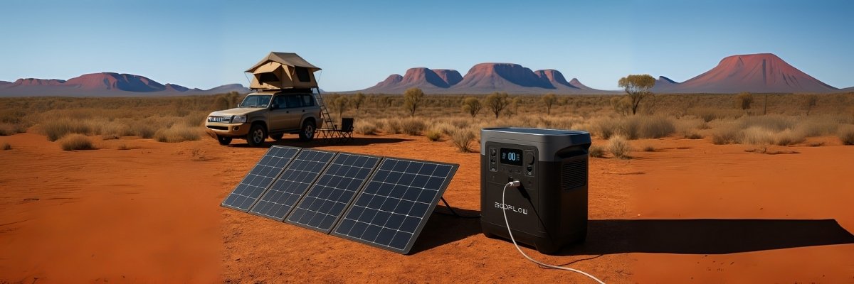 Off-grid solar camping setup with portable power station Red Centre