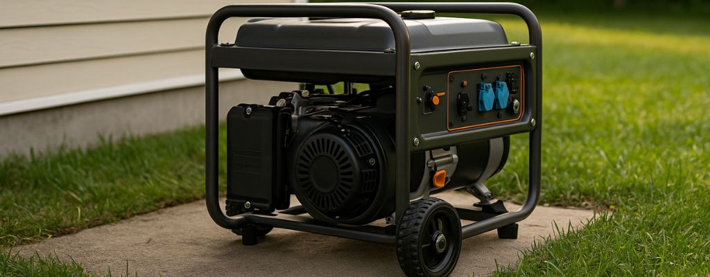 Portable generator positioned safely outside on a concrete pad near a house with green lawn and trees in the background