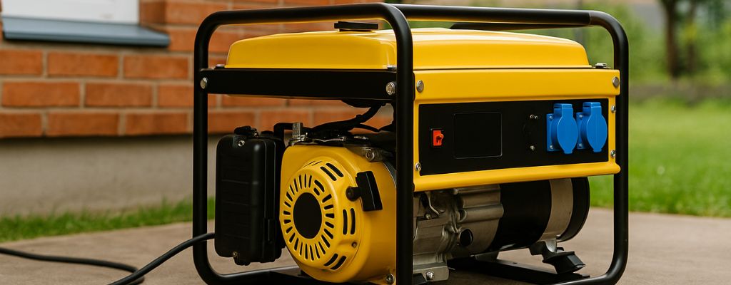 Outdoor generator placed safely on concrete near a brick house with proper clearance