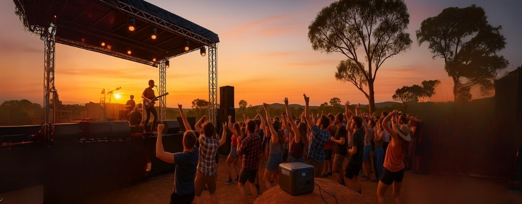 Outdoor music festival in Australian bush with power station