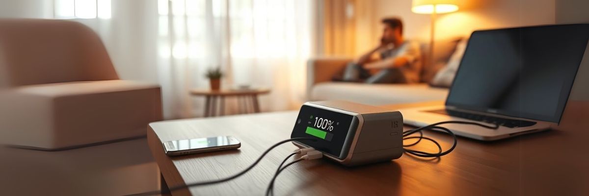 Compact DC power bank charging phone and laptop indoors on table