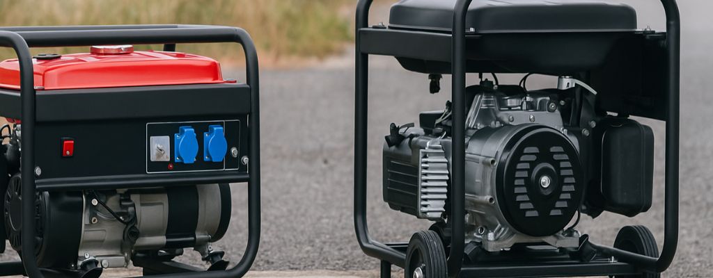 Side-by-side petrol and diesel generators on concrete with a natural outdoor backdrop