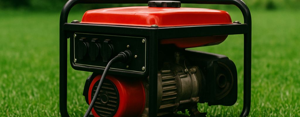 Portable generator on grass with blurred greenery background, wide banner format