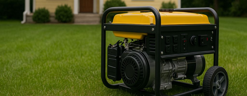 Portable yellow and black generator on green lawn with a suburban yellow house in the background.