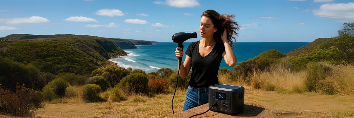 Woman using hair dryer outdoors with portable power station on Australian coastline