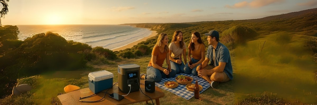 Four friends enjoy beachside picnic with power station setup