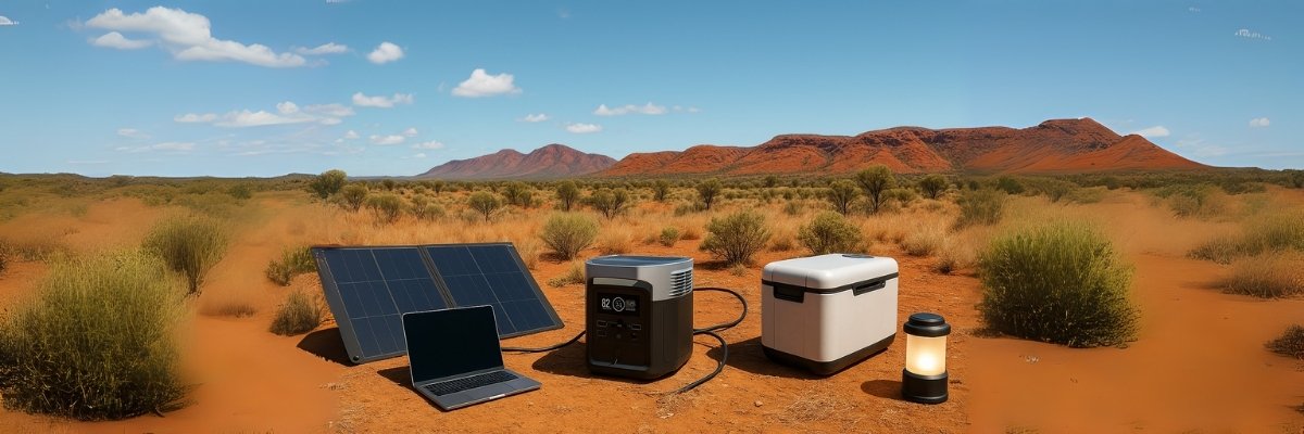 High-resolution portable power solar outback setup with laptop and fridge