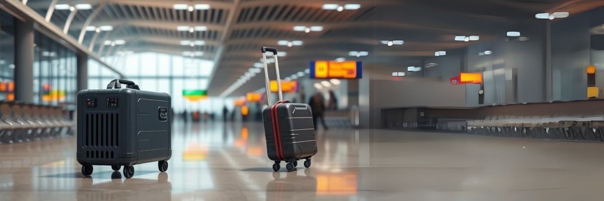 Portable power station and rolling suitcase in an airport terminal