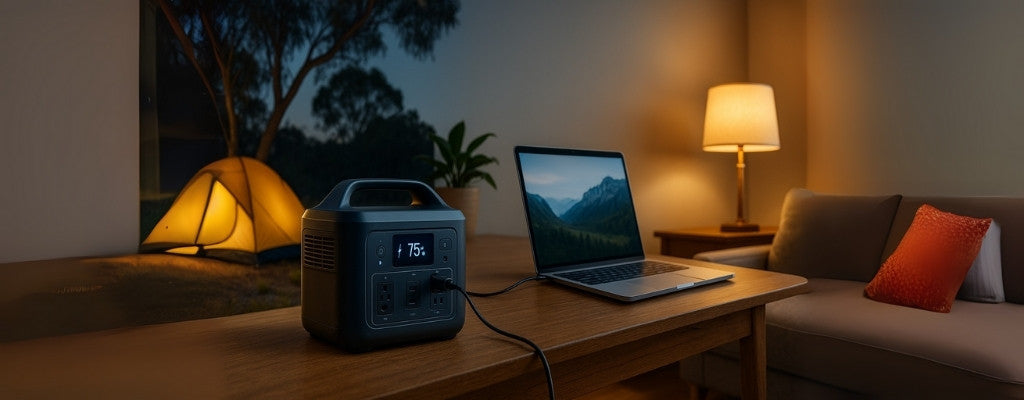 Portable power station powering campsite, laptop, and home lamp
