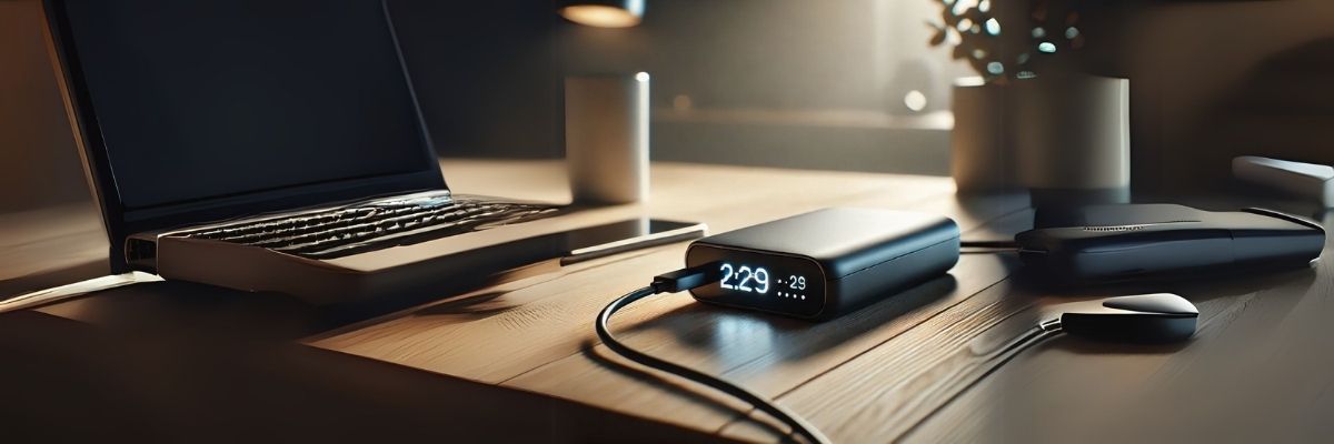 A sleek portable power station charging a laptop on a wooden desk, illuminated by soft ambient lighting, providing a reliable backup power source for work
