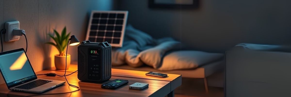 A modern portable power station charging multiple devices, including a laptop, smartphone, and lamp, in a cozy indoor setting with a solar panel in the background.