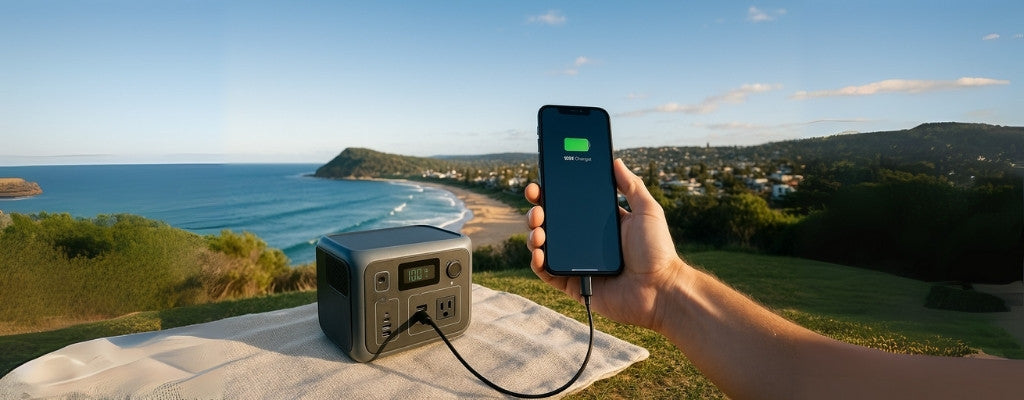 Charging phone with power station overlooking Australian coastline