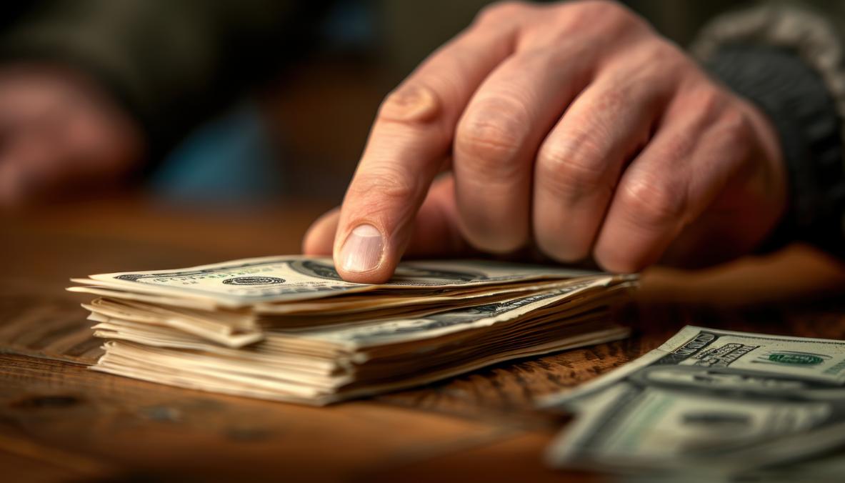 A close-up of a hand handling a stack of dollar bills, representing the high cost of portable power stations and the factors influencing their price.