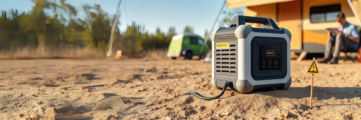 Portable power station with grounding wire in a camping site for safety