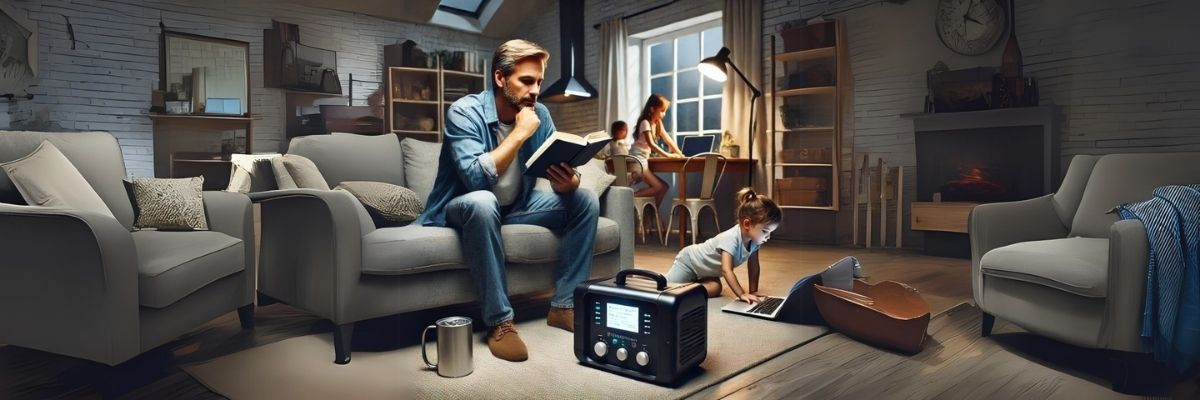 Family using a portable power station to stay powered during a blackout at home