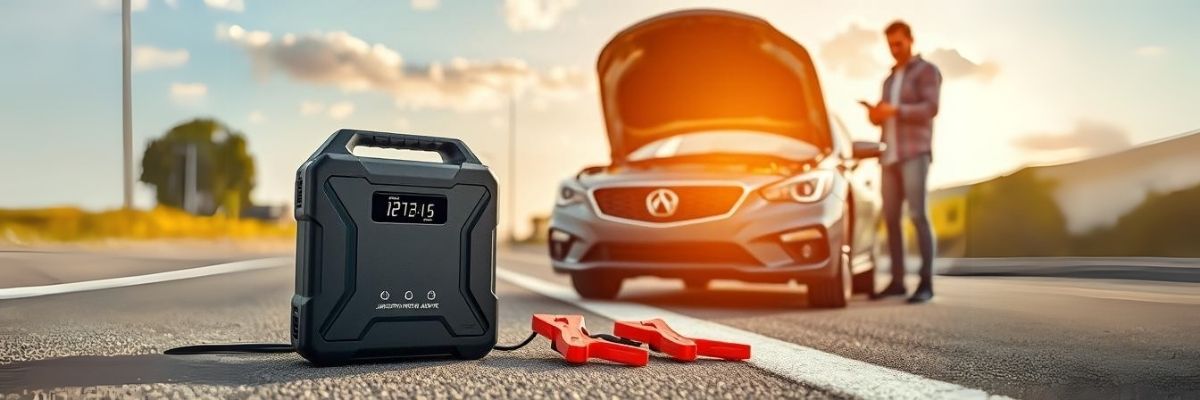 Portable power station jump-starting a car on the roadside during an emergency