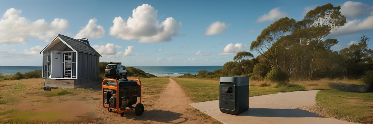 Portable power station vs fuel generator in Australian landscape with ocean view