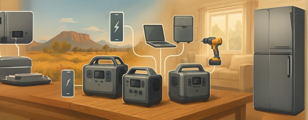 Three portable power stations charging various home and outdoor devices