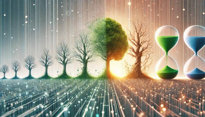 A conceptual illustration representing the lifespan of a portable power station, using visual metaphors like trees aging from young to old and hourglasses emptying, symbolizing battery depletion and wear over time.
