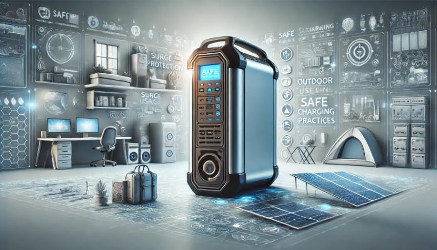 A conceptual illustration showcasing the safety features of a portable power station, including surge protection, cooling vents, and proper usage in home, camping, and emergency scenarios.