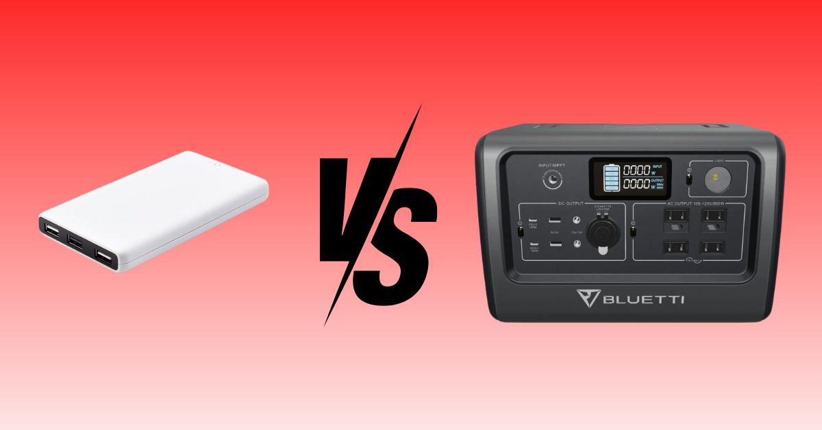 A side-by-side comparison of a power bank and a portable power station, highlighting their differences in size, capacity, and charging capabilities.