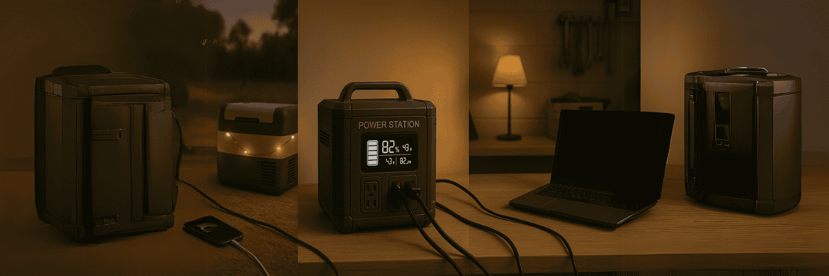 Power station powering lamp, phone, and fan during blackout