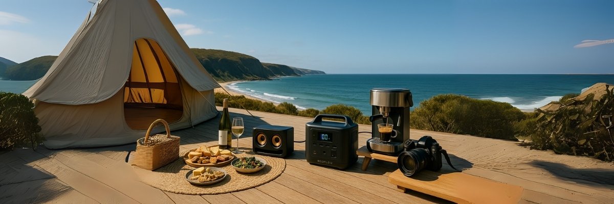 Portable power station supporting luxury glamping in Australian landscape
