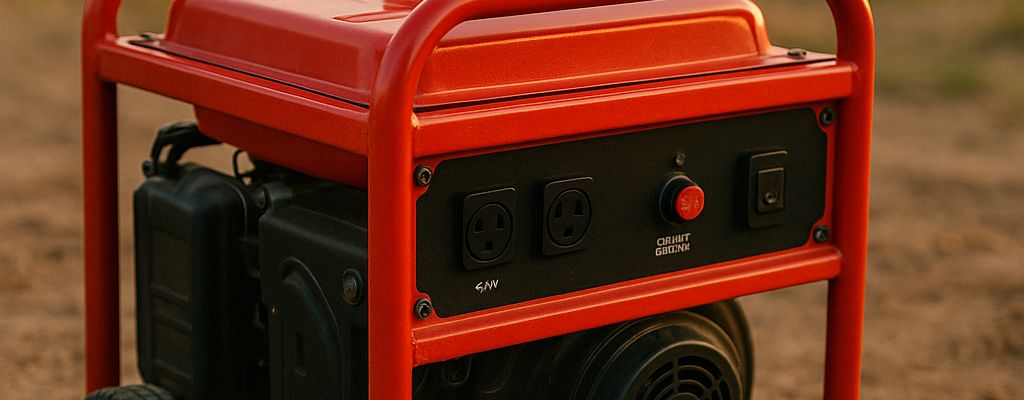 red portable generator on dry ground at sunset with grassy background
