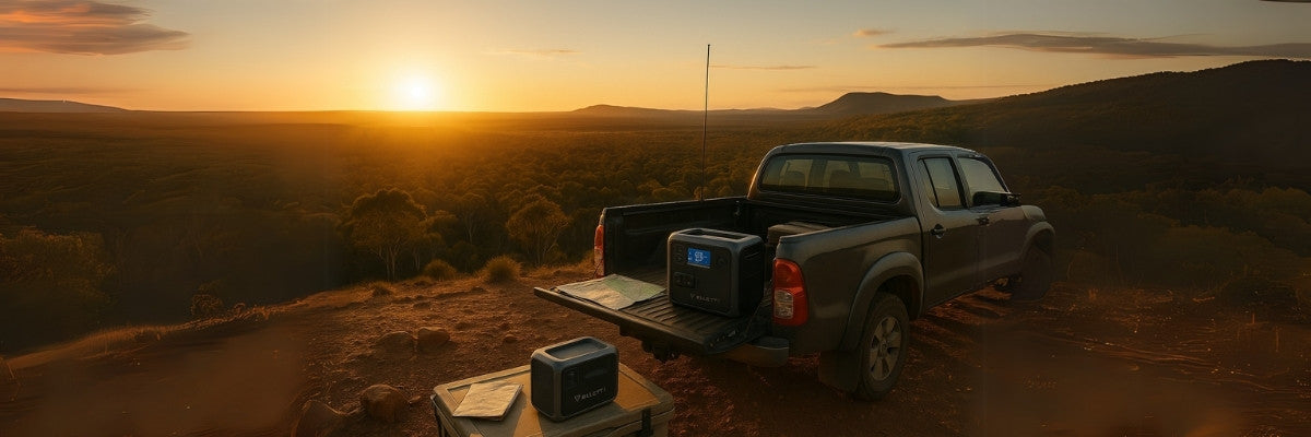 Rugged 4x4 overlooking outback vista with Bluetti power station ready
