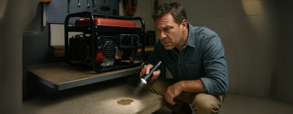 Rugged Aussie man inspecting generator leak with flashlight in garage