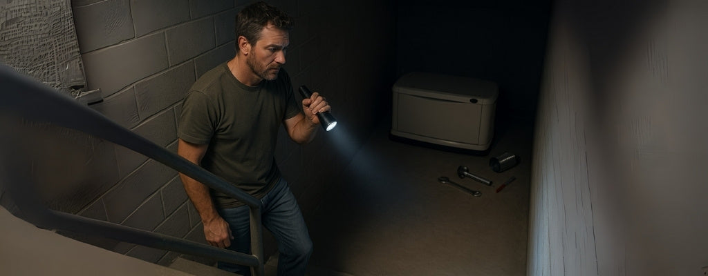 Rugged Australian man checks basement generator installation setup location